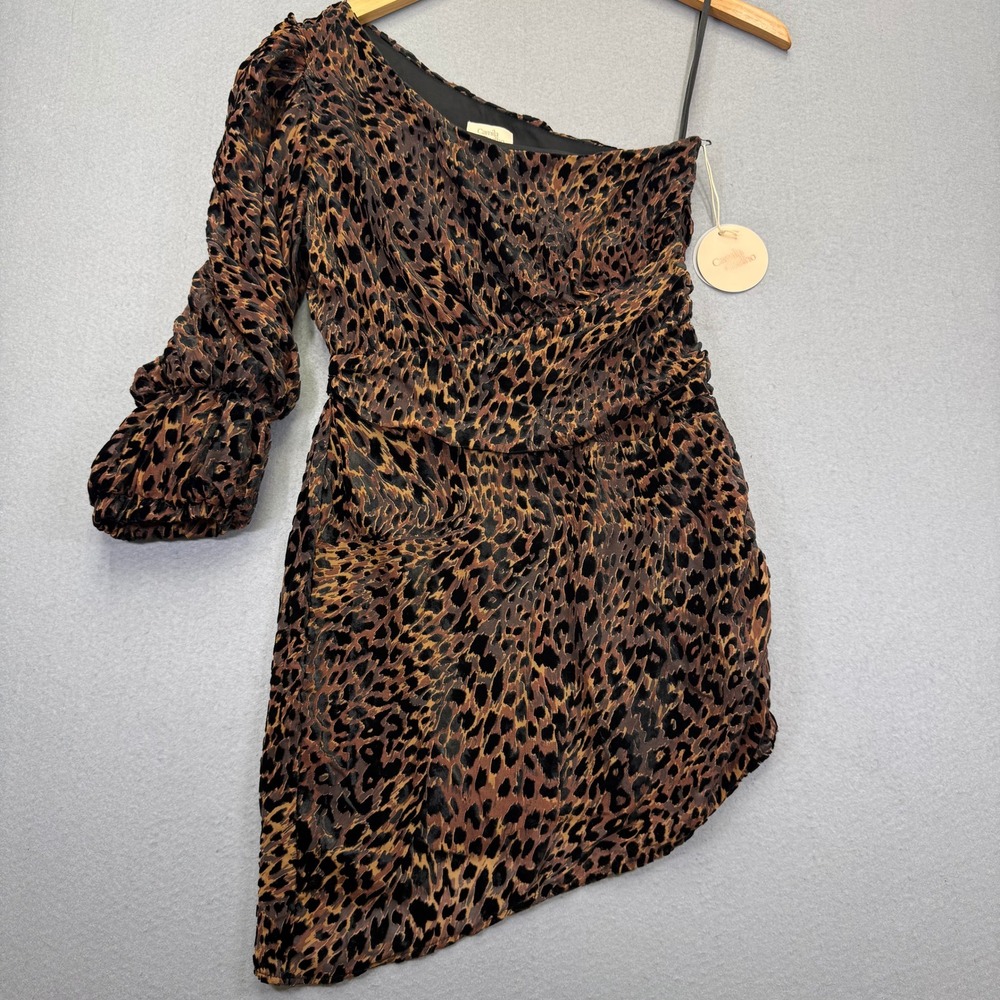 Camila Coelho Leopard One Shoulder Velvet Mini Dress Brown Black Small NWT